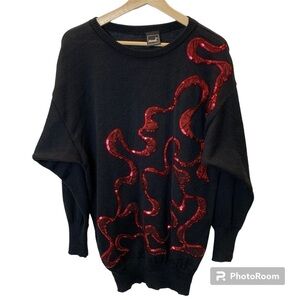 Vintage Mondi Red Sequined Black Wool Blend Art To Wear Batwing Sweater US8 EU38